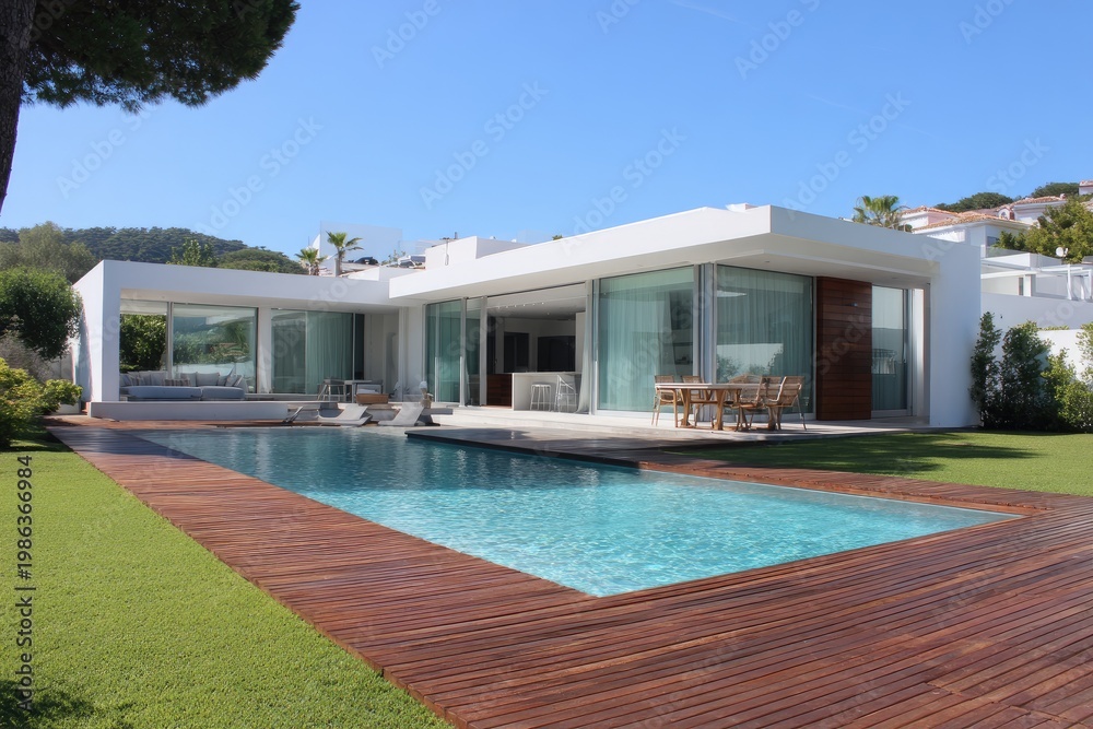 Fototapeta premium Luxurious modern villa with pool, wood deck, and open design