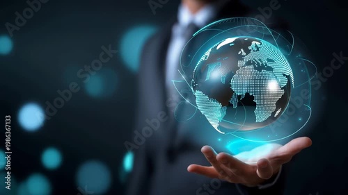 Executive Presenting Virtual Global Network Sphere Highly realistic tech-business scene, suited executive slightly blurred in background right, sharp focus on hand holding luminous