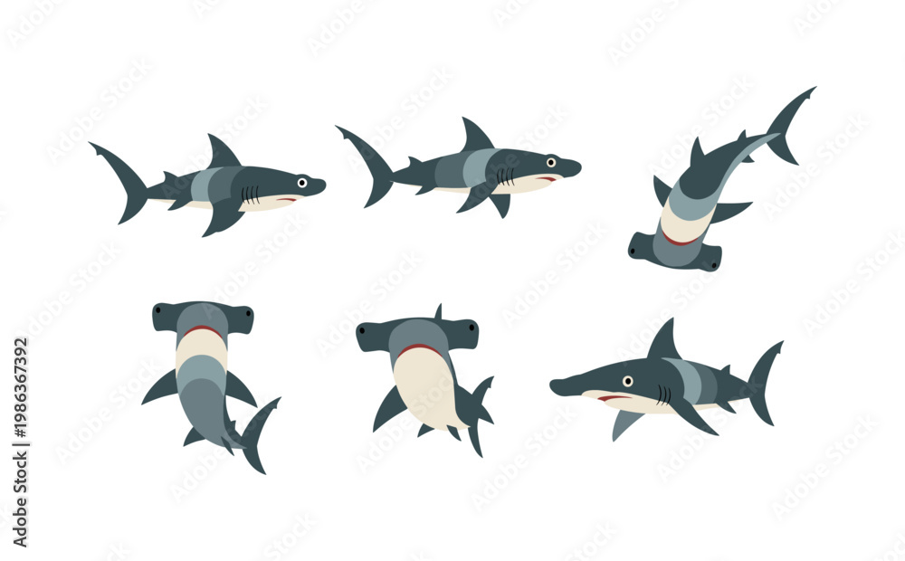 Fototapeta premium Colorful cartoon shark set featuring hammerhead variations on white background