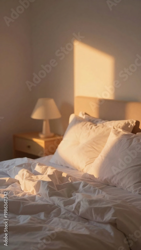 Soft light from the evening sun shines into a room. A bed with white bedding and a pillow sits next to a lamp. The space feels warm and inviting as day turns to night Generative AI