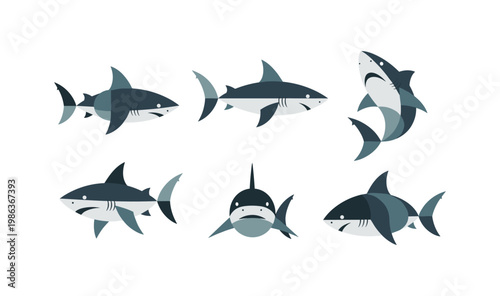 Stylized shark collection in flat design: diverse poses of ocean predators