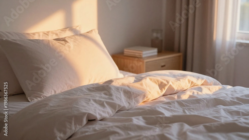 The bed is made with a soft pillow and sheets. Evening light fills the room. A small wooden table sits beside the bed with a few books on it. The curtain is drawn Generative AI