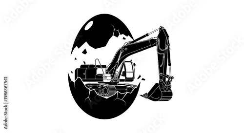 Excavator breaking through earth globe.