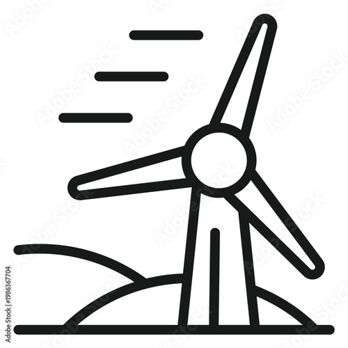 Wind turbine vector icon illustration, minimalist black line art symbol of renewable energy and sustainable power generation, clean green technology graphic for eco-friendly environmental design.