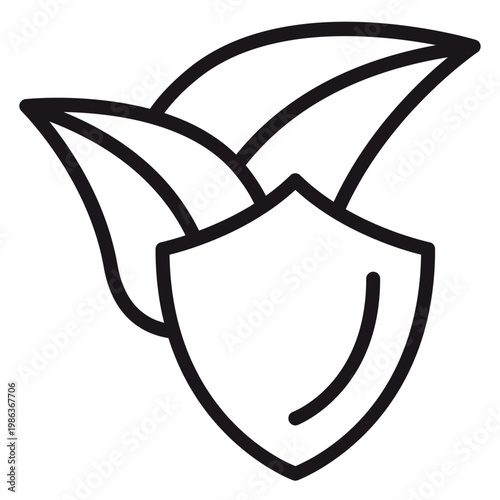 Minimalist eco-friendly protection vector icon featuring a black line art shield with two leaves, symbolizing environmental conservation, nature safety, organic security, and green sustainability.