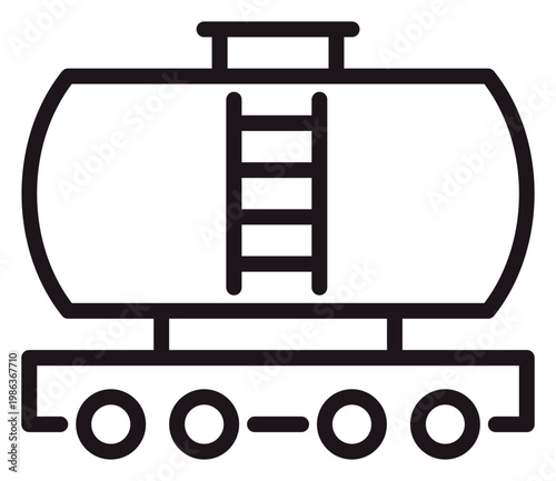 Black vector icon of a railway tank car for transporting liquids like oil, gas, or chemicals. Minimalist line art illustration of a freight tanker wagon, symbol for industrial logistics and transport.