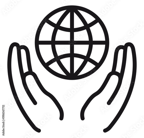 Εκτύπωση καμβά Black vector icon of two hands cupping a globe, symbolizing global care, environmental protection, world peace, and international cooperation