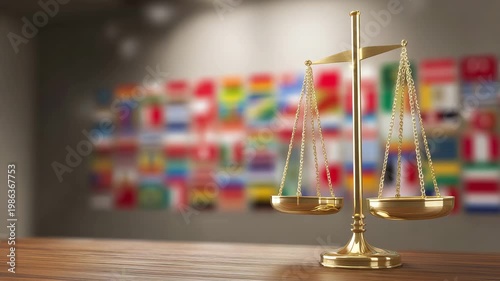 Golden Scales of Justice with International Flags Background