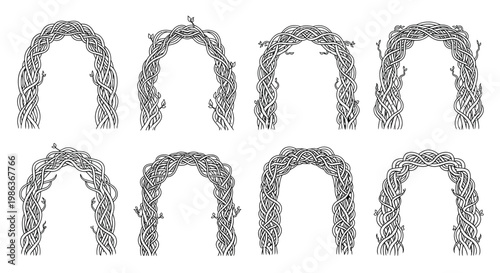 Collection of intricately woven branch arches and decorative vine structures