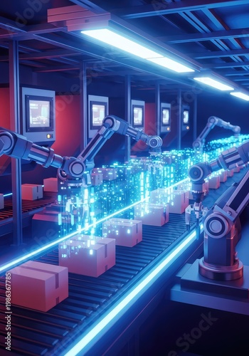 High-tech automated distribution center featuring robotic arms, smart sorting systems, and glowing digital data streams for efficient storage, production, cargo, iot