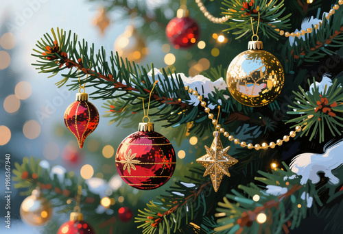 A Christmas tree stands with bright ornaments and lights. Snow covers the ground, creating a winter scene filled with holiday spirit and cheer Generative AI