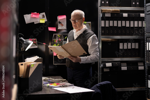 Foto Intelligence officer surrounded by confidential case files and records, interpreting surveillance photos and gathering information for a clandestine operation on organized crime