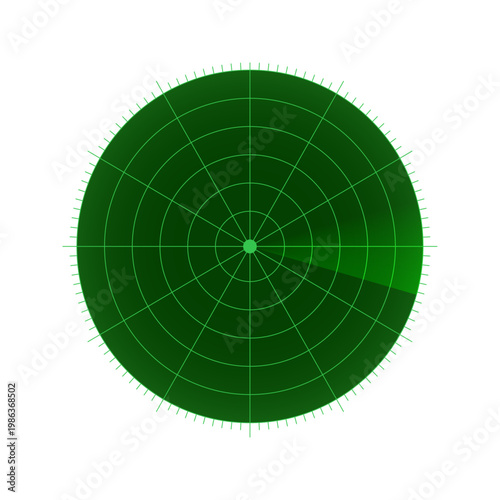 Round green sonar radar screen display with grid lines and scanning sweep beam for navigation or tracking