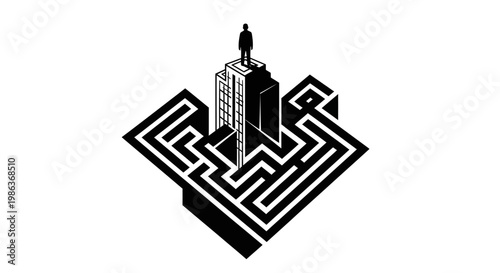A black and white illustration of a skyscraper in a maze.