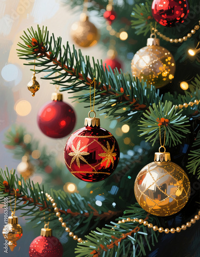 A decorated Christmas tree stands in a warm corner of a room featuring shiny red and gold ornaments. Soft lights twinkle, creating a festive mood for the holiday season Generative AI