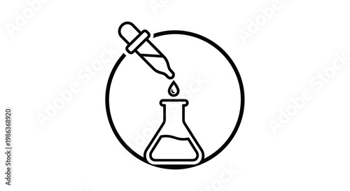 A black and white line drawing of a dropper dropping a liquid into a flask.