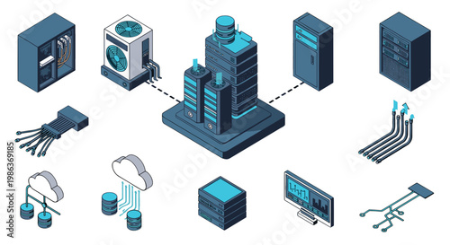 Isometric data center with servers storage and networking equipment
