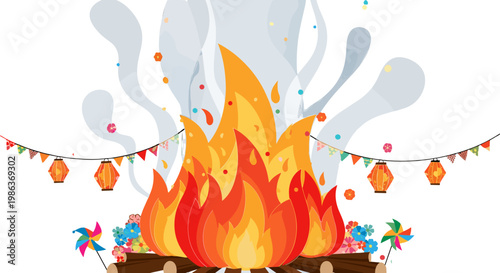 Colorful bonfire with decorations and outdoor celebration scene