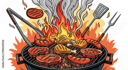 Barbecue grill with assorted meats vegetables and flames