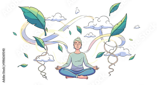 Woman meditating in lotus pose surrounded by nature and clouds