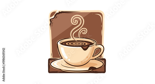 Illustration of a steaming cup of coffee on a saucer with background