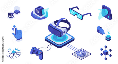 Isometric virtual reality headset with gaming controller and accessories