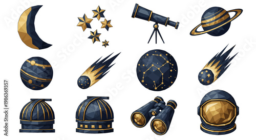 Collection of space objects including planets stars and telescope
