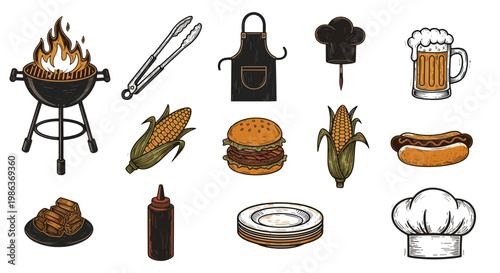 Collection of barbecue and grilling items with food and accessories
