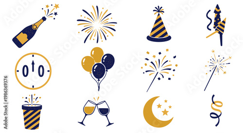 Celebration and party items with balloons fireworks and confetti