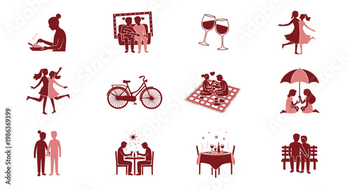Collection of red silhouettes depicting various social and leisure activities