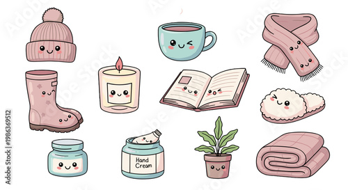 Cute cozy collection of skincare, beverages, and accessories