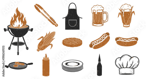 Collection of barbecue and grilling food items and accessories