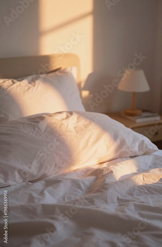 The scene shows bed pillows resting on a made bed. Evening light enters through a window, creating shadows in the room. A lamp sits nearby Generative AI