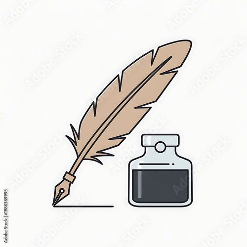 Quill pen and inkwell writing tool with old fashioned, writing instrum