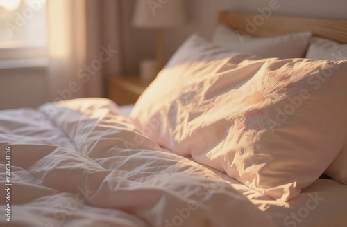 Morning light enters a room, illuminating a bed with soft pillows and white sheets, creating a cozy atmosphere with a simple design Generative AI