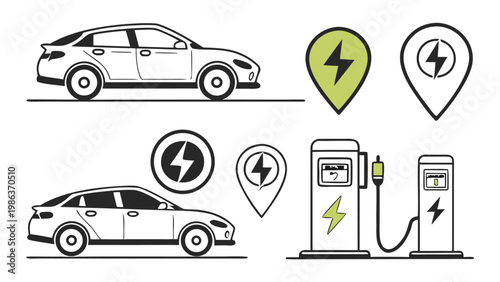 Electric Vehicle Charging Icons Set – EV Car, Charging Station, Plug Symbol Collection