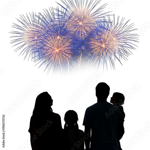 Family silhouettes with children watching colorful fireworks, children