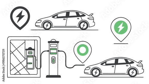 Electric Vehicle Charging Icons Set – EV Car, Charging Station, Plug Symbol Collection