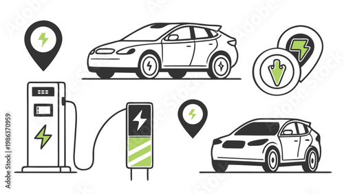 Electric Vehicle Charging Icons Set – EV Car, Charging Station, Plug Symbol Collection