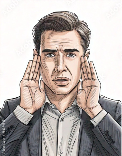 Man covering ears with hands looking worried.