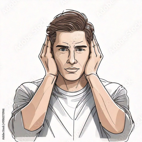 Man covering ears to block out noise and sound.