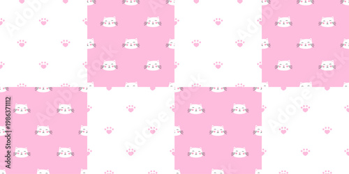 Cute animal seamless pattern with cat head face for kawai. Background and vector design childish wrapping fun through repeat of kitten. Character art by heart and love theme in pink.
