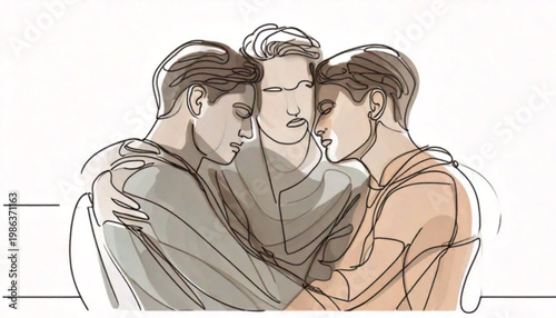 Three men in a close embrace showing unity and support.