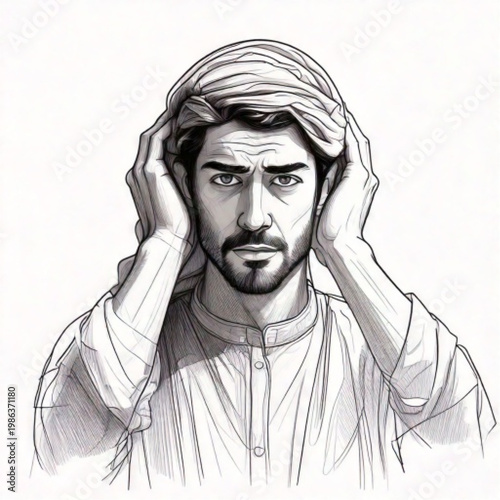 Man in traditional Middle Eastern clothing adjusting his headscarf.