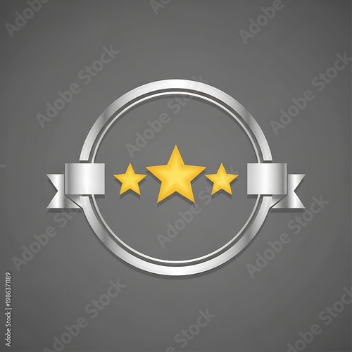 Three golden stars on a silver emblem with ribbons, star rating