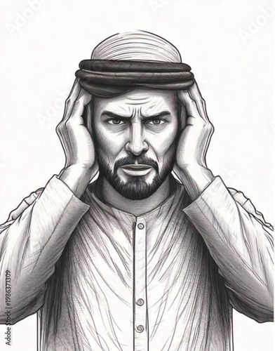 Man wearing traditional Arab clothing covering ears with hands.