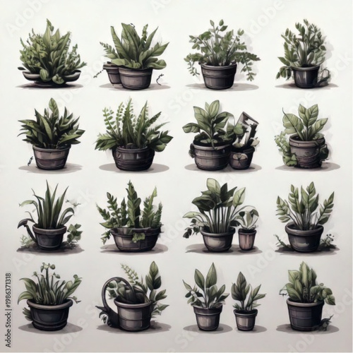 Collection of potted green plants arranged in a grid pattern.