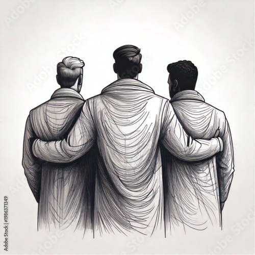 Three men stand together with arms around each others shoulders.