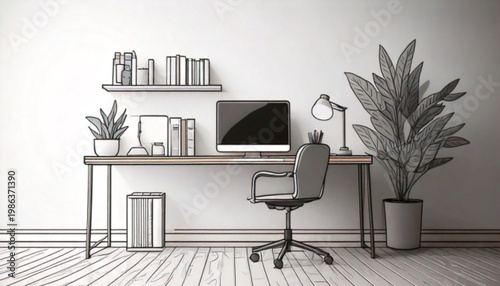 Modern Home Office Desk Setup with Laptop and Chair.