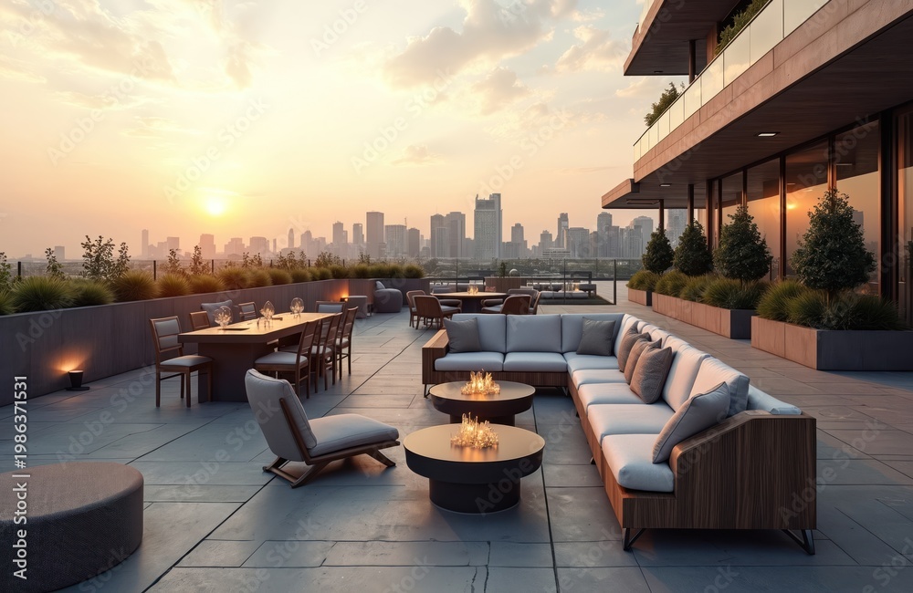 Naklejka premium Rooftop terrace with modern lounge furniture and city skyline at sunset. Outdoor seating area features dining table sectional sofa and coffee tables ideal for relaxation and events.